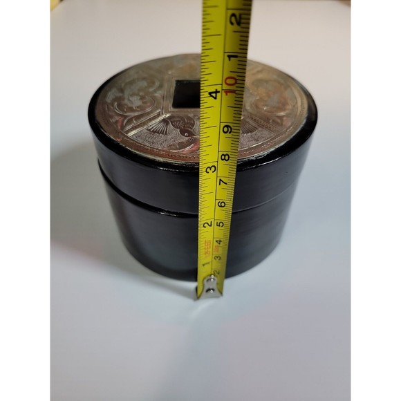 Round Wooden Trinket Jewelry Box Bird Floral Embossed Silver Plate Lid - Picture 6 of 6